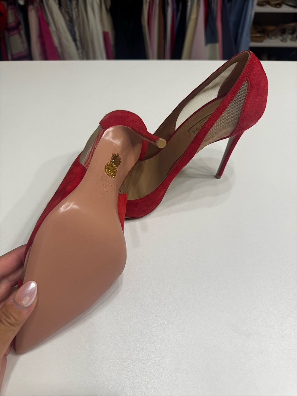 Aquazzura Red Suede Pointed Toe Pumps with Cutout Detail - Picture 2 of 5